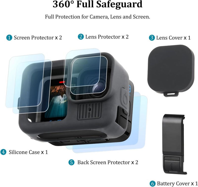 HSU Silicone Sleeve Case for GoPro Hero 13 Black, Battery Side Cover & Screen Protectors & Lens Caps & Lanyard, GoPro Hero 13 Black Accessories Kit - Image 4